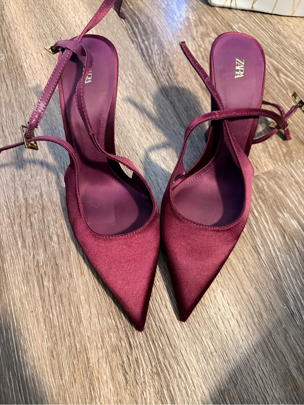 Zara Dark Purple Satin Pointed Ankle-Strap Heels